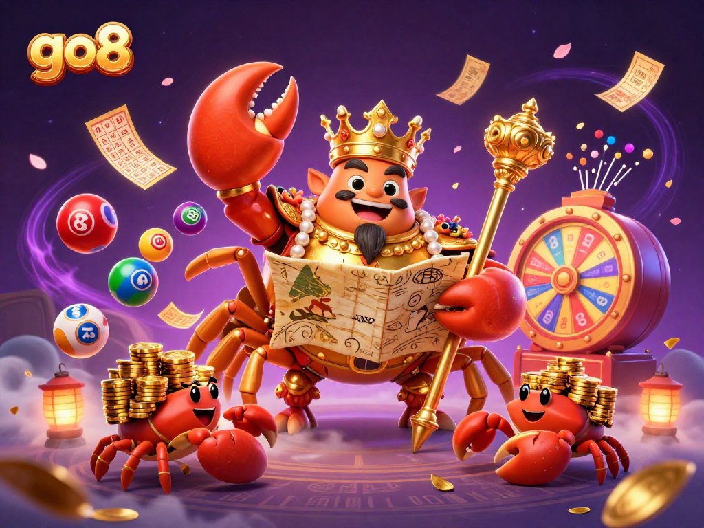 go8 showcases a vibrant 3D casino scene with a golden crab emperor and dynamic gaming elements.
