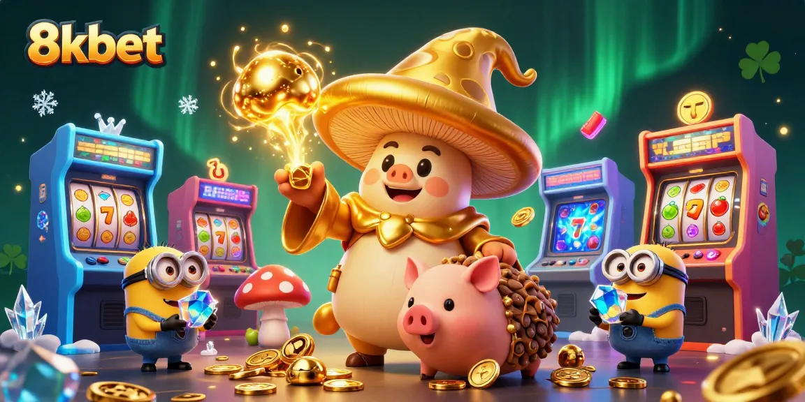 8xbet's golden mushroom wizard character transforms a vibrant casino scene with riches and gameplay.