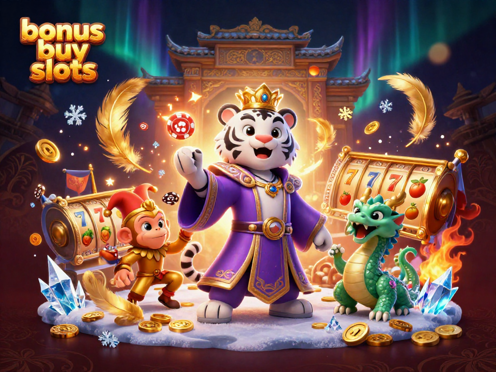 Engage in bonus buy slots with vibrant characters and magical casino elements in this thrilling 3D scene.