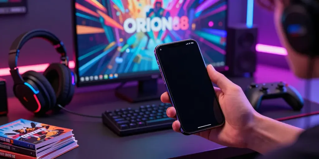 Experience the ORION88 app on a smartphone amidst a vibrant gaming setup