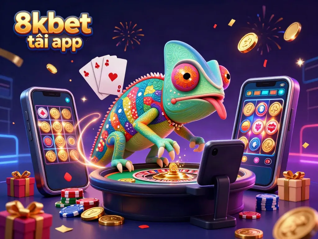 Experience the thrilling 8xbet tải app with a cartoon chameleon casino owner surrounded by dynamic gaming elements.