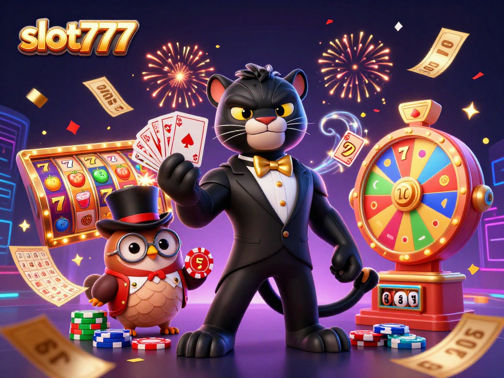 Engage in thrilling slot777 games with a panther dealer, an owl with chips, and a lucky mouse.