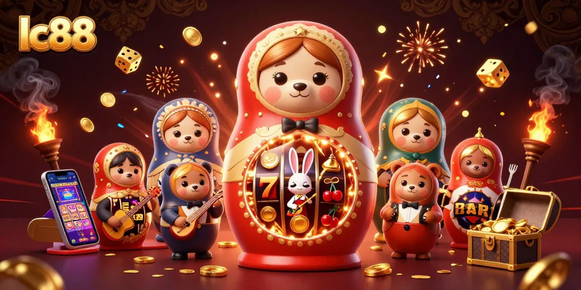 Experience exciting gameplay at lc88 with a dynamic casino-themed 3D illustration showcasing slot machines, bears, and vibrant elements.