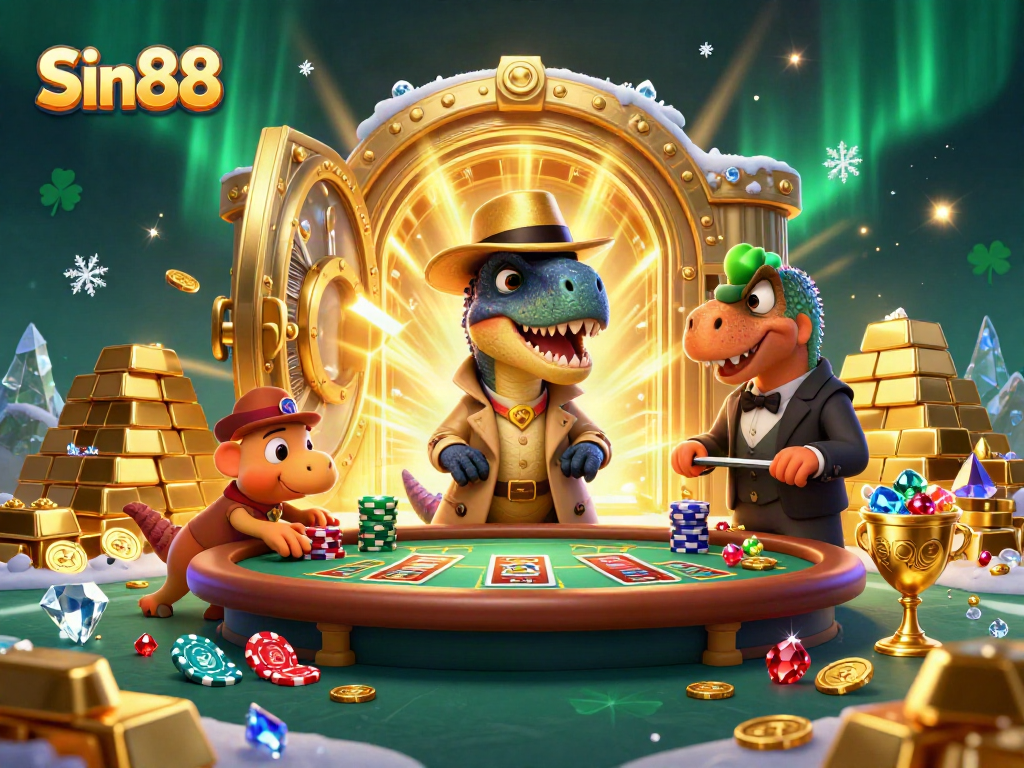 Sin88 casino illustration showing a velociraptor card counter, stegosaurus pit boss, and dynamic casino elements.