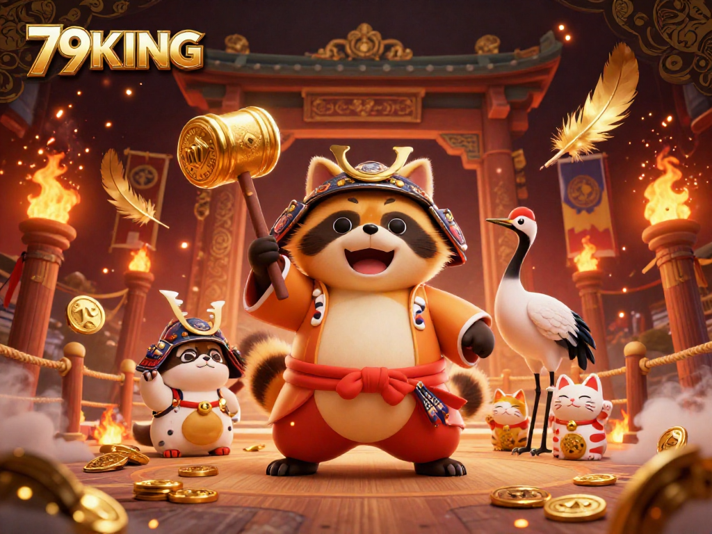 Engage with 79KING's vibrant casino scene featuring a lucky tanuki, samurai crane, and fortune cats.