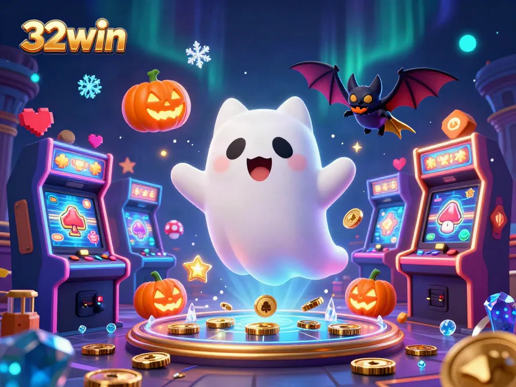 Play 32win in a captivating haunted casino with ghostly characters and vibrant gaming elements.
