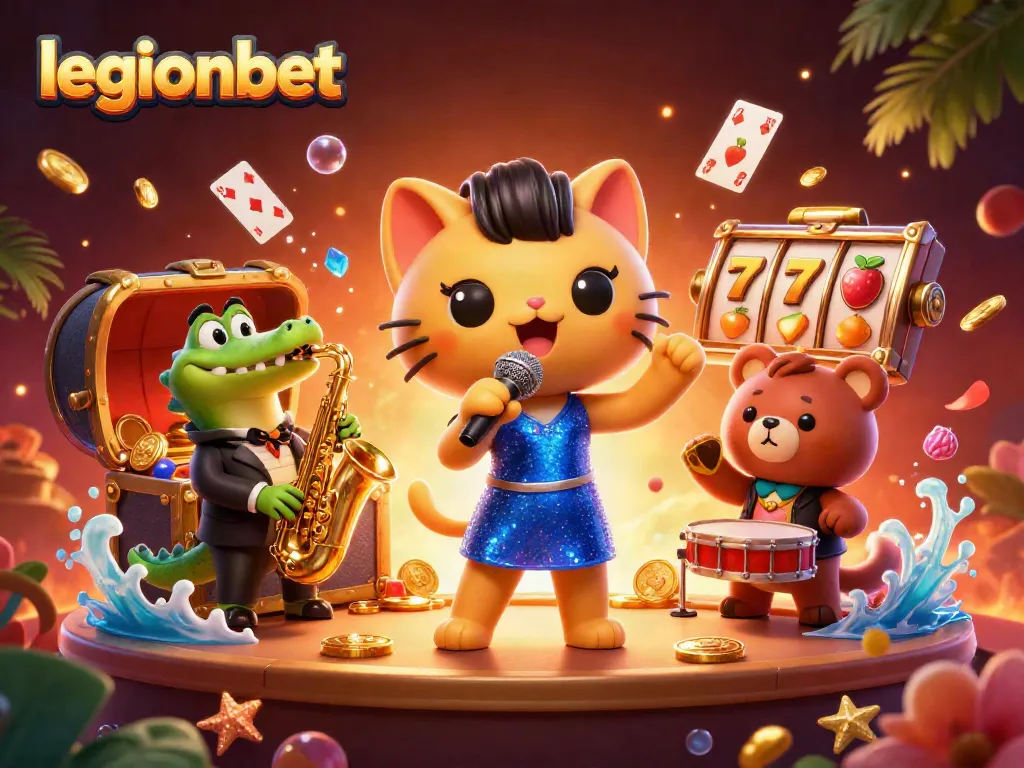 Join the fun at legionbet with a jazzy cat, crocodile, and bear in a vibrant casino scene.