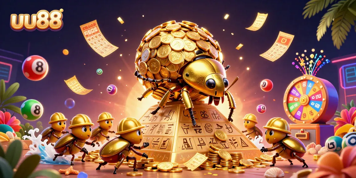 Experience the thrills of uu88 casino with golden beetles rolling coins, vibrant lottery elements, and exciting gaming symbols.