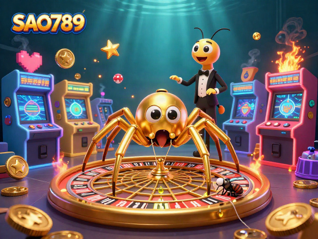 SAO789 engages players at a vibrant casino with a 3D cartoon spider and centipede, spinning the roulette.