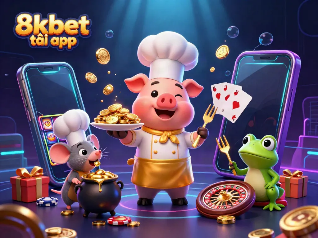 Engage with the thrilling 8xbet tải app as a chef pig serves gold coins in this vibrant casino scene.