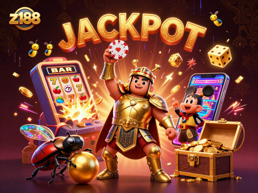 Experience fun at z188 with a heroic beetle and a jackpot explosion amidst colorful casino treasures.