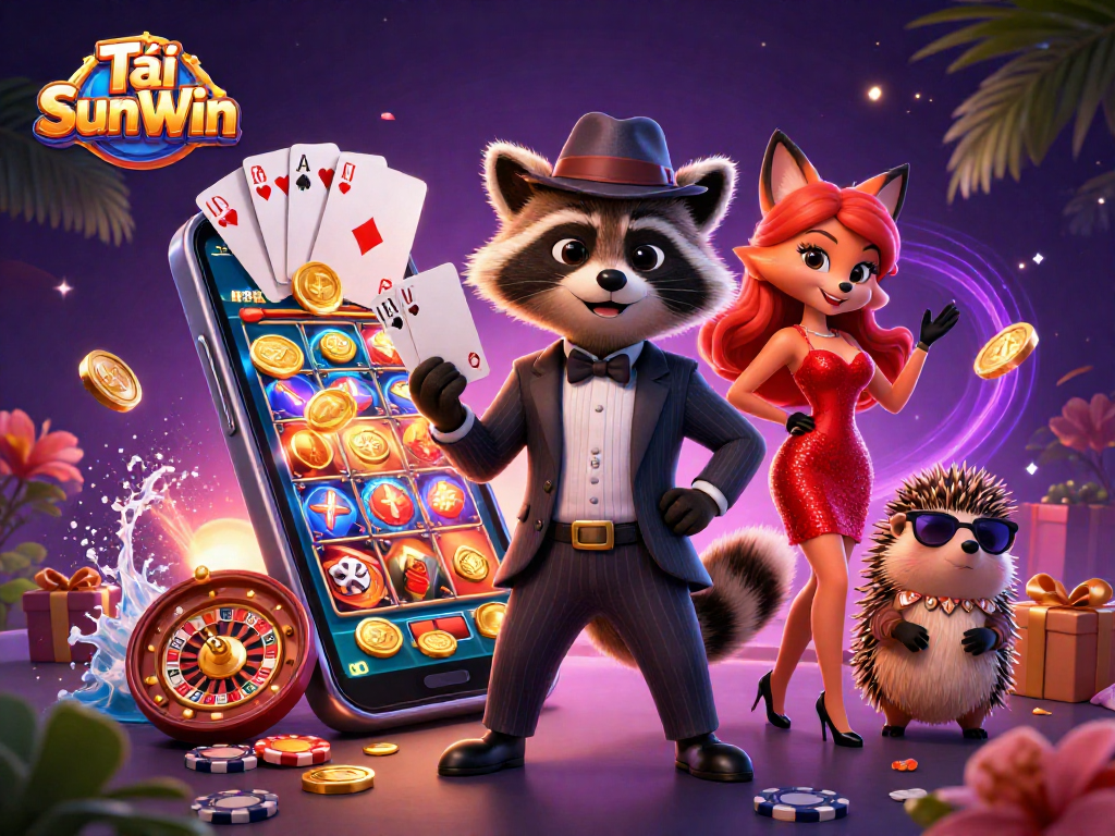 Tải SunWin illustration featuring a suave raccoon, fox lady, and hedgehog bouncer enjoying exciting casino games.