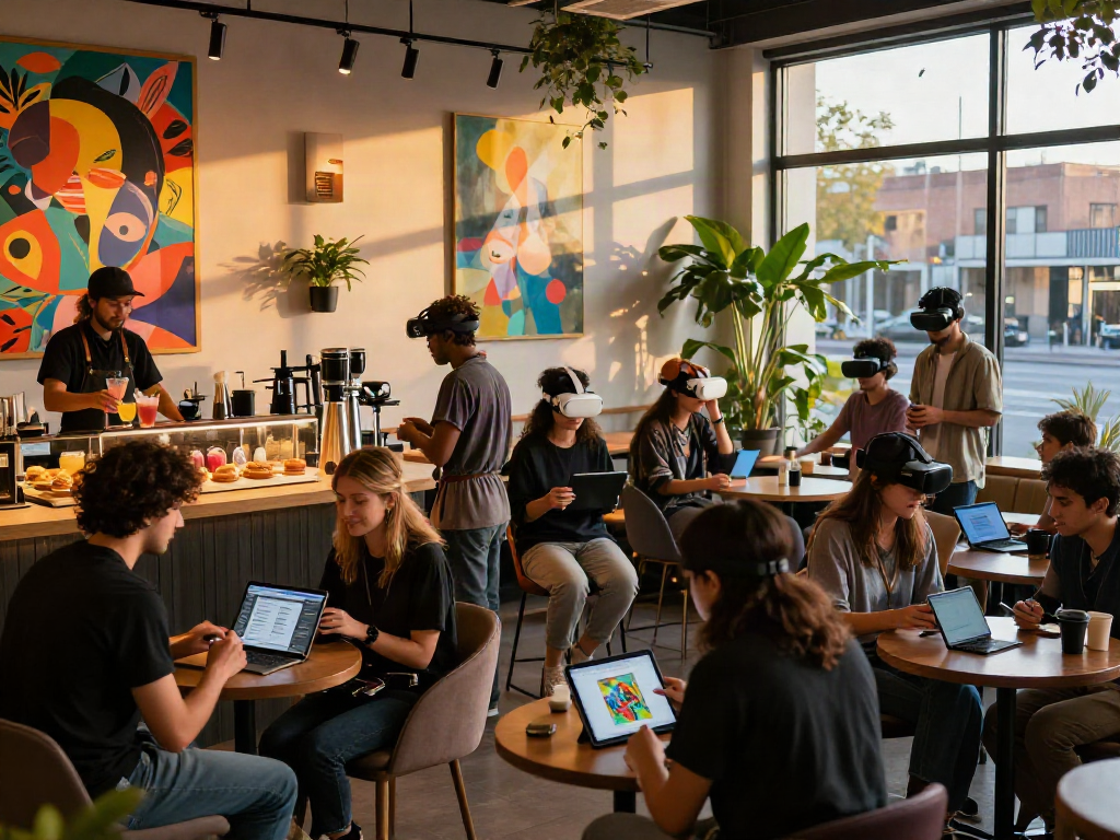 Vibrant urban lounge scene with nsfw artworks displayed, showcasing diverse creatives engaging in digital art.