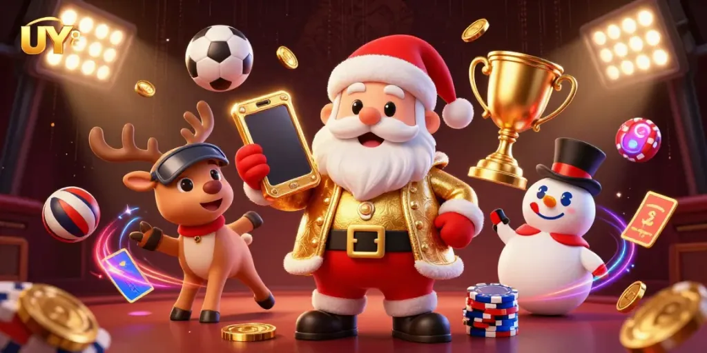 Experience thrilling gaming with UY88, featuring Santa in a vibrant casino atmosphere.