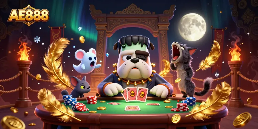 Experience thrilling AE888 gameplay with a cartoon Frankenstein bulldog dealer at a spooky casino table.