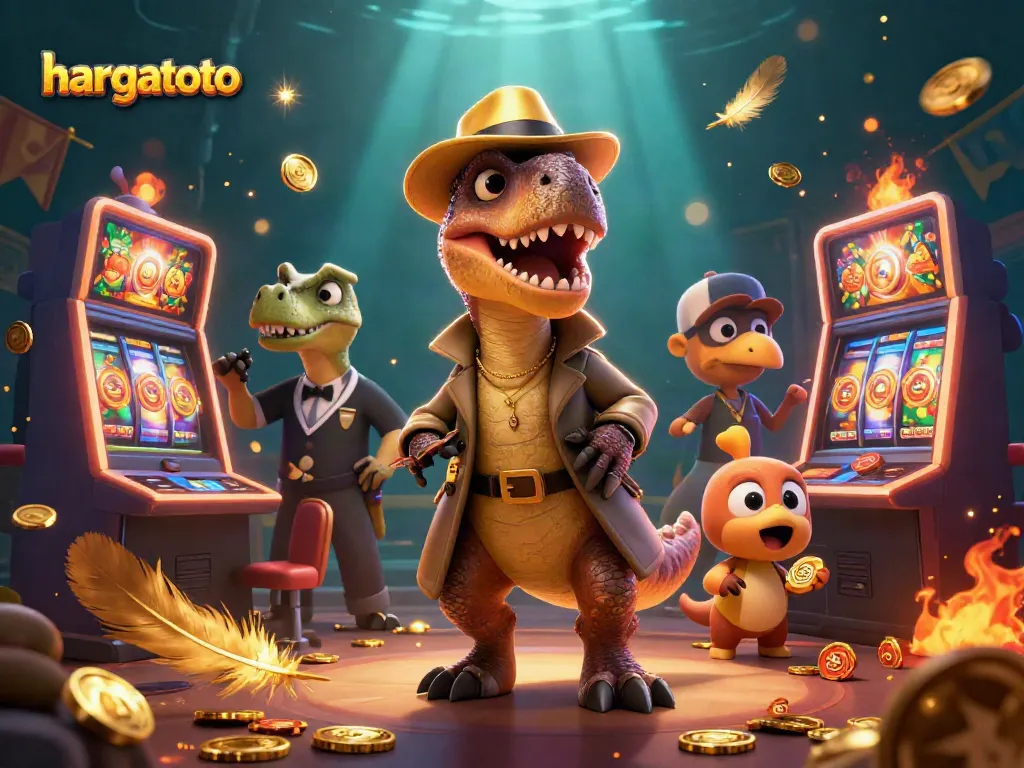 Experience thrilling jackpot action with hargatoto: a velociraptor card counter at a busy online slot machine scene.