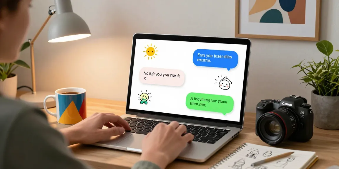 Engaging porn ai chat in a cozy home office with vibrant dialogue bubbles.