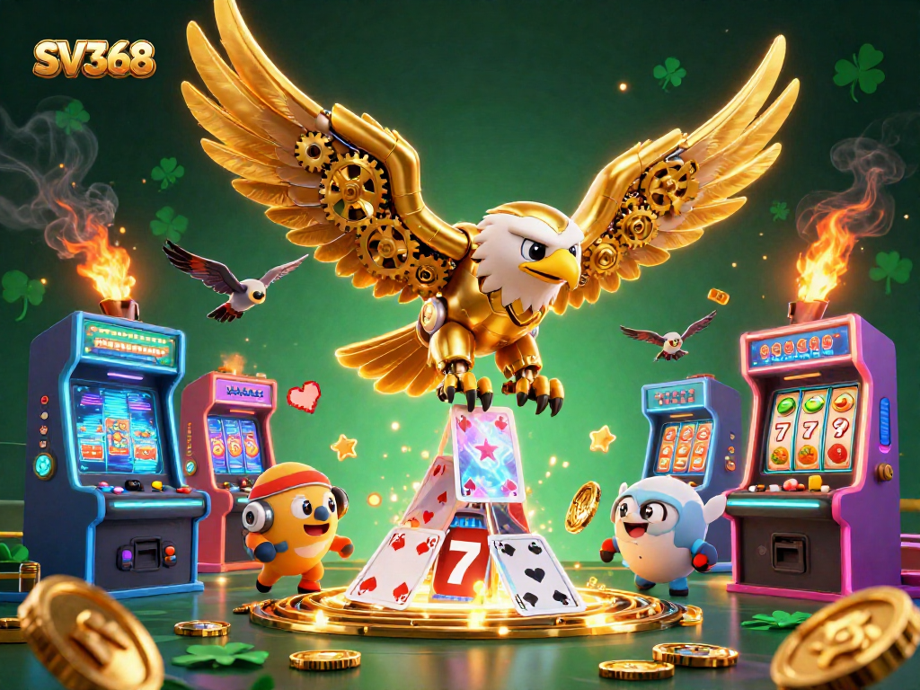 Experience thrilling gameplay at SV368 with a dazzling 3D casino-themed illustration full of action.