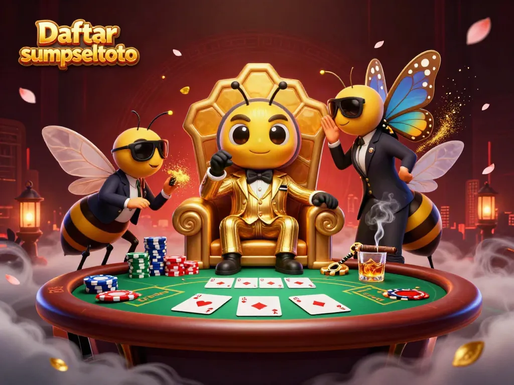 Experience the excitement of 'Daftar sumseltoto' with a dynamic 3D illustration featuring a bumblebee mob boss and poker action.