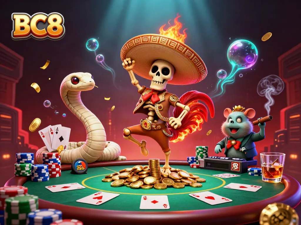 Engage with BC8's thrilling casino scene featuring a victorious rooster, mummy snake, and DJ hamster among poker chips.