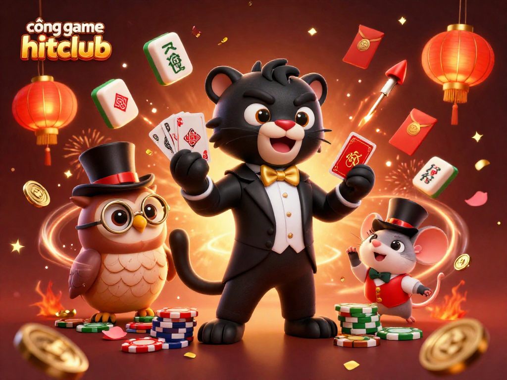 Engage in exciting games at cổng game hitclub with a stylish black panther dealing cards amid vibrant casino elements.