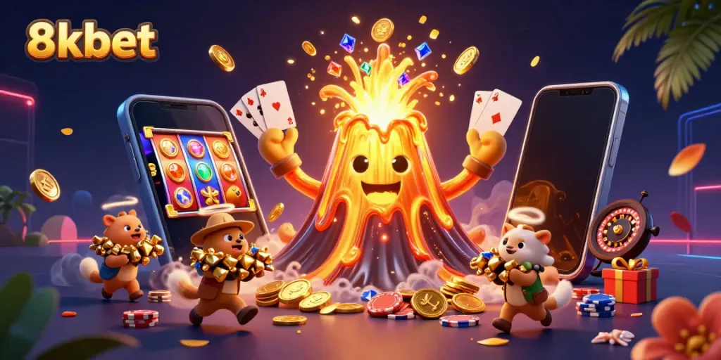 Engage with 8xbet's thrilling casino atmosphere featuring a golden volcano, treasures, and gaming elements.