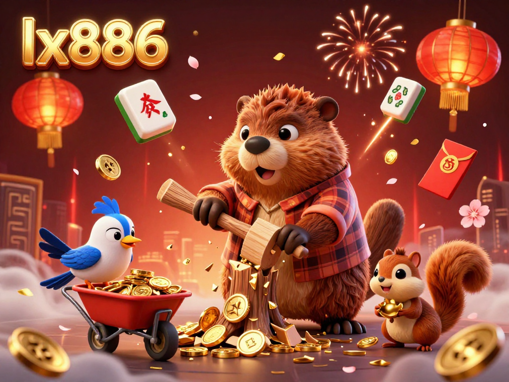 Experience the thrills of lx886 casino games with a vibrant illustration featuring a beaver collecting golden coins.