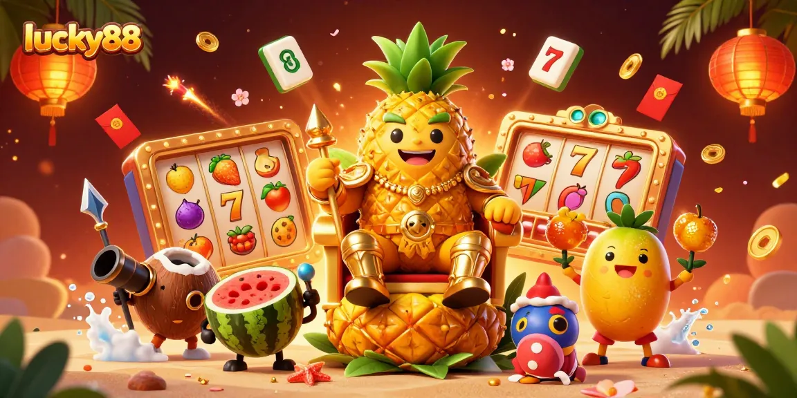 Spin the reels with lucky88 characters in a lively beach casino scene packed with vibrant lighting and festive elements.