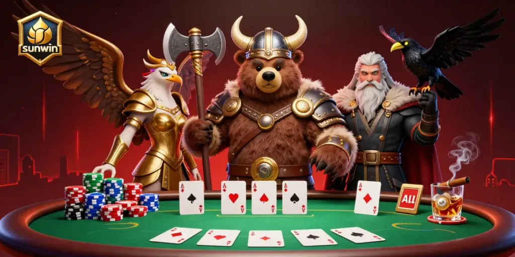Engage in thrilling poker action at the Sunwin casino featuring colorful chips and dynamic characters.