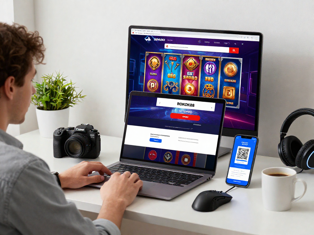 Player engaging with the rokok88 login interface in a stylish home office setting