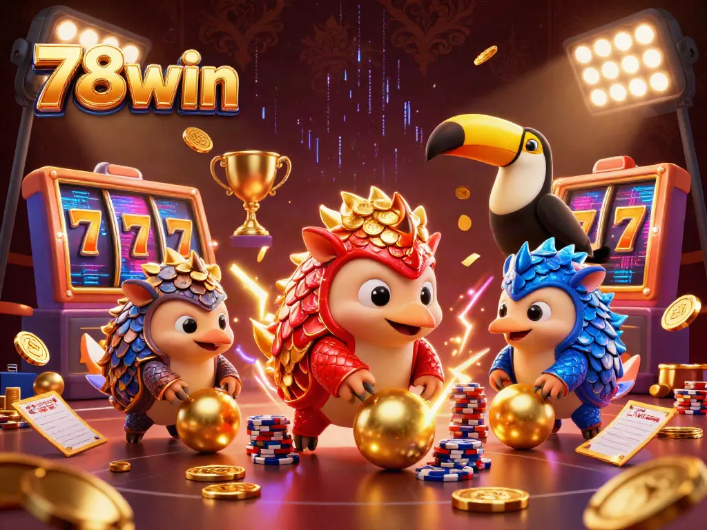 Engage with thrilling slot action featuring 78win's dynamic pangolin mascots rolling jackpot balls amidst poker chips.
