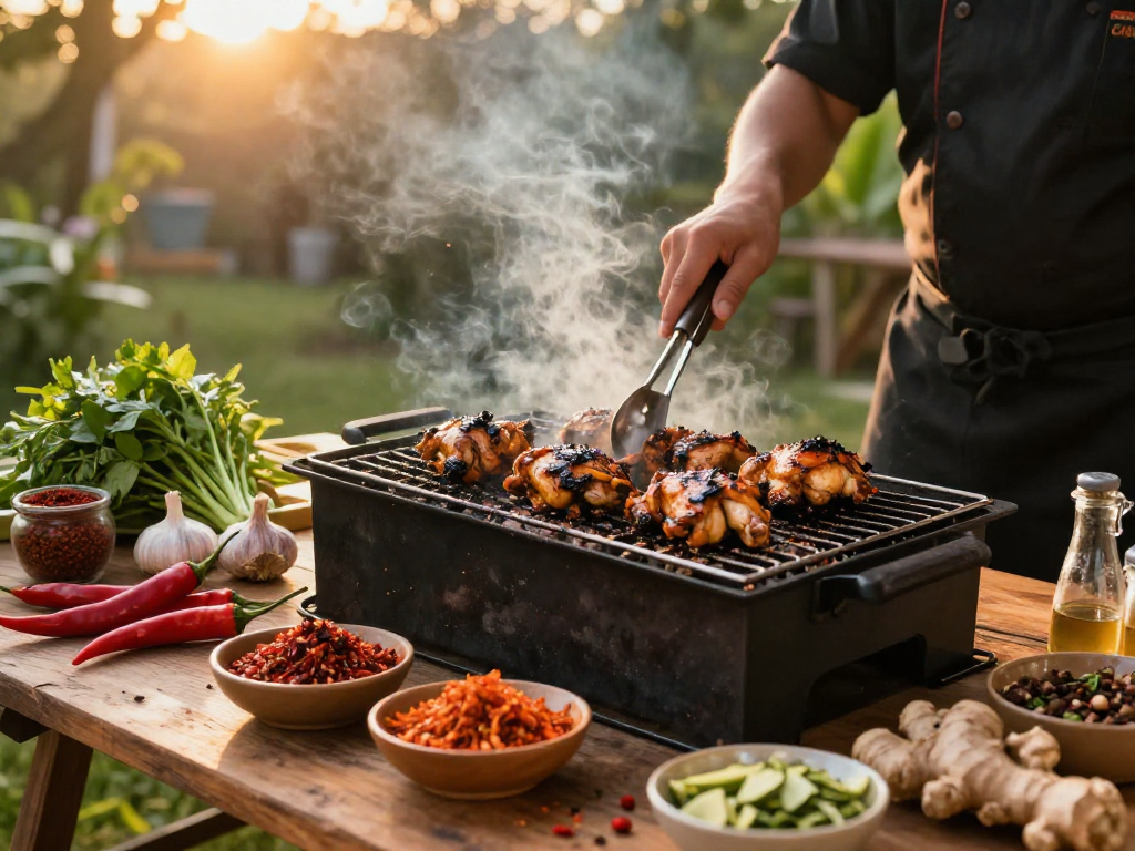 Grilled chicken and vibrant sambal dishes set in a beautiful outdoor kitchen scene highlighting the flavors of https://sambalrawitankoko.com.