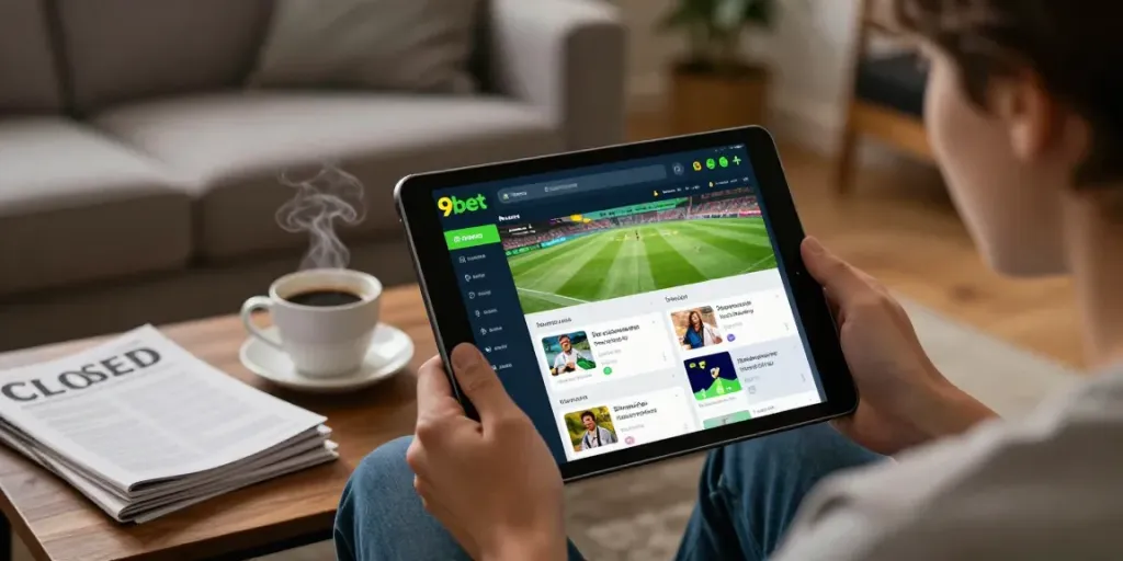 Engaging scene of a user exploring 9bet sports betting options on a tablet in a cozy home setting.