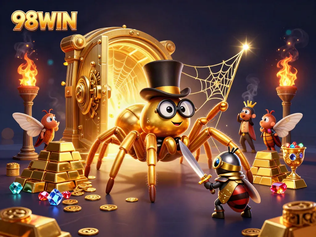 Experience thrilling gaming adventures at 98WIN with dynamic scenes of playful characters in a vibrant casino.