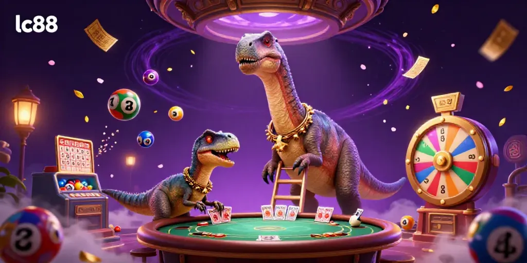 Experience the enchanting lc88 casino world with a giant brontosaurus overseeing a poker game while lottery balls and dynamic elements create excitement.
