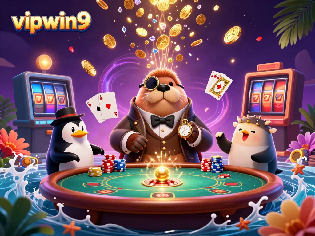 Experience excitement at vipwin9, where a jolly walrus plays poker with a penguin dealer, surrounded by golden treasures.