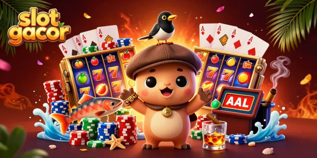 Play engaging slot gacor with a playful baby Nessie, colorful slot reels, and lively casino elements.