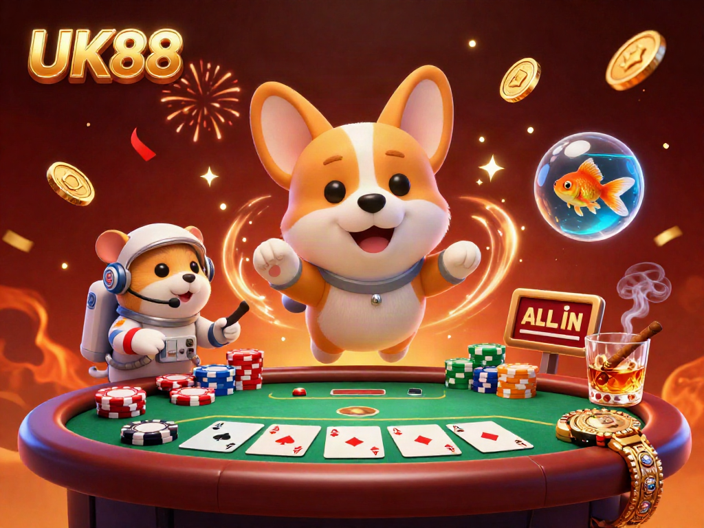 Experience thrilling gaming with UK88's vibrant 3D casino scene featuring characters and poker elements.