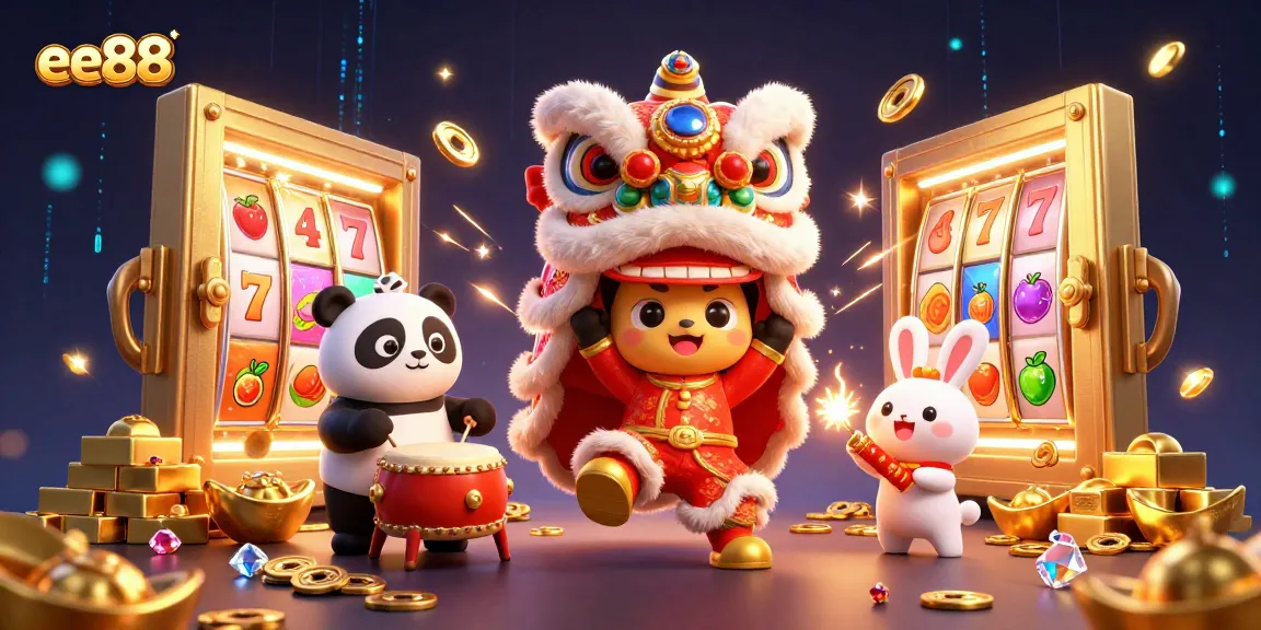 Celebrate big wins at ee88 with vibrant lion dance characters and dazzling casino elements.