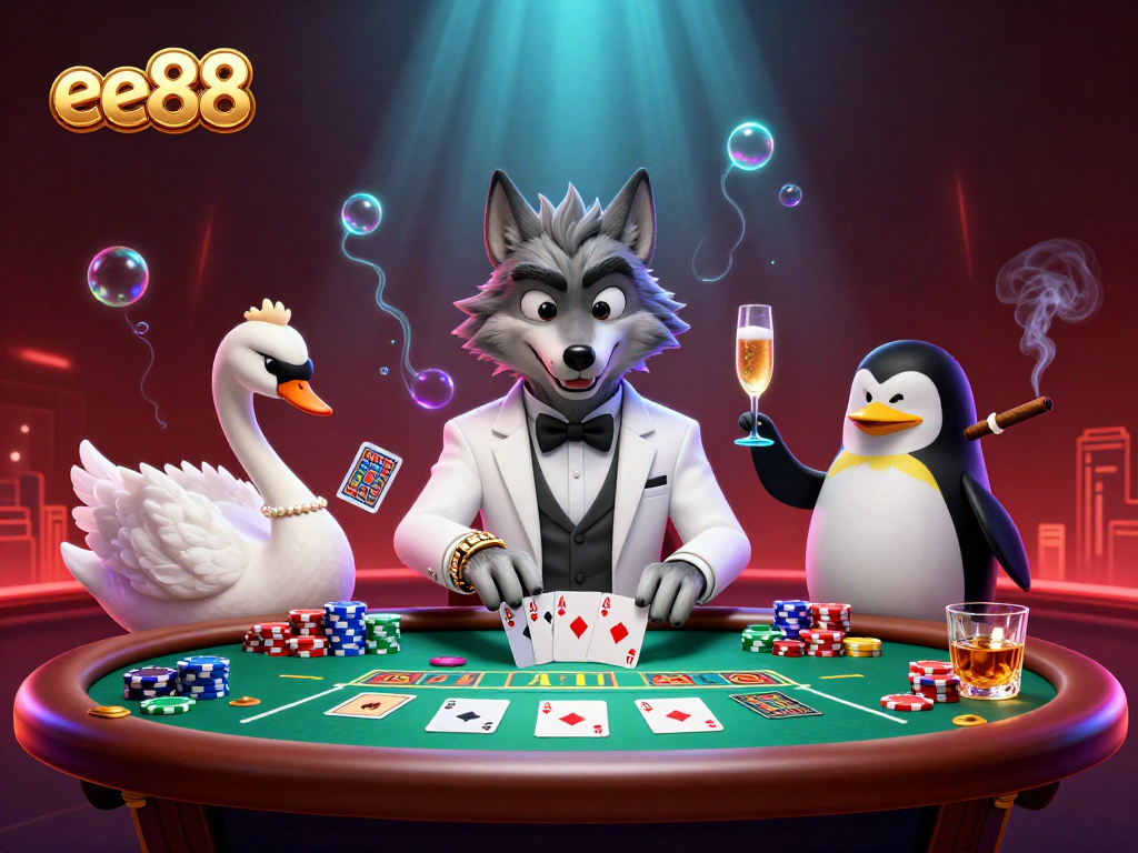 Engage in thrilling gameplay with ee88 at a vibrant casino scene featuring a wolf, swan, and penguin.