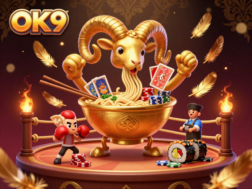 Try your luck with OK9 at this vibrant 3D illustration showcasing a fun-filled online gambling scene.