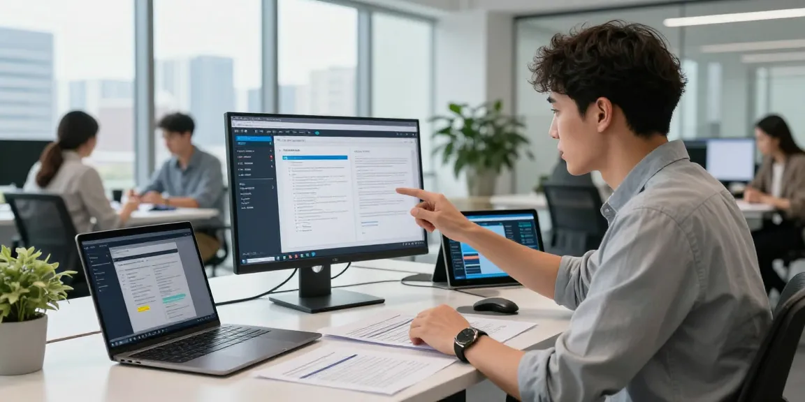 Data analyst utilizing document fraud detection software in a modern office, analyzing digital documents and collaborating with colleagues.