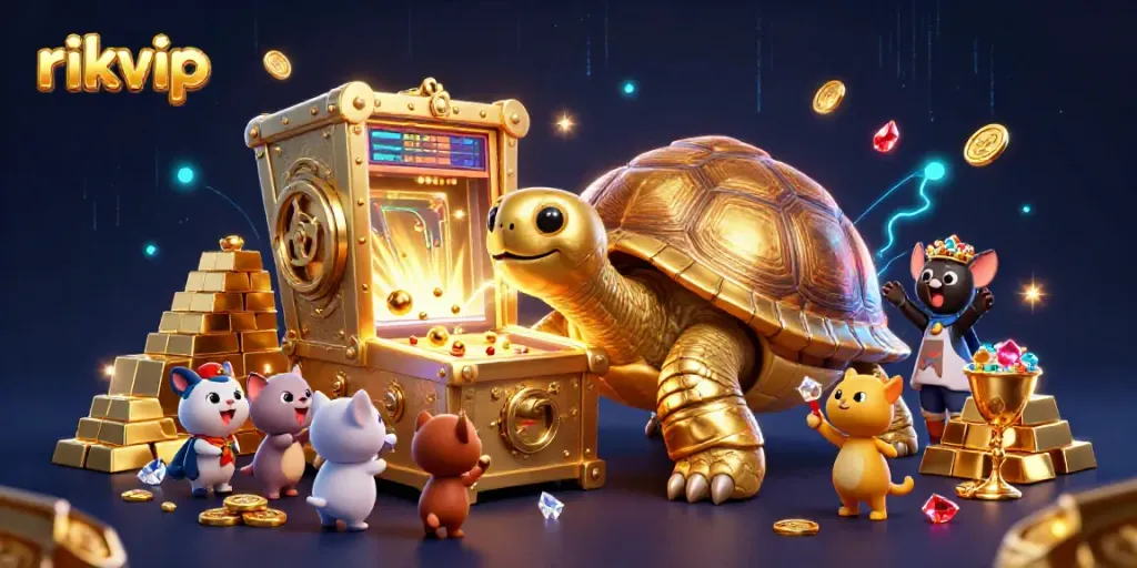 Engage with rikvip’s vibrant casino world featuring dynamic golden characters and treasure elements.
