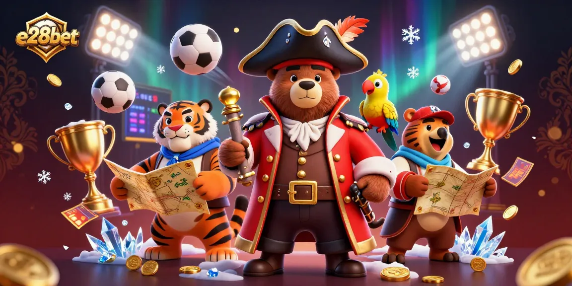 Experience thrilling gaming at e28bet with vibrant 3D illustrations showcasing dynamic sports elements and casino charm.