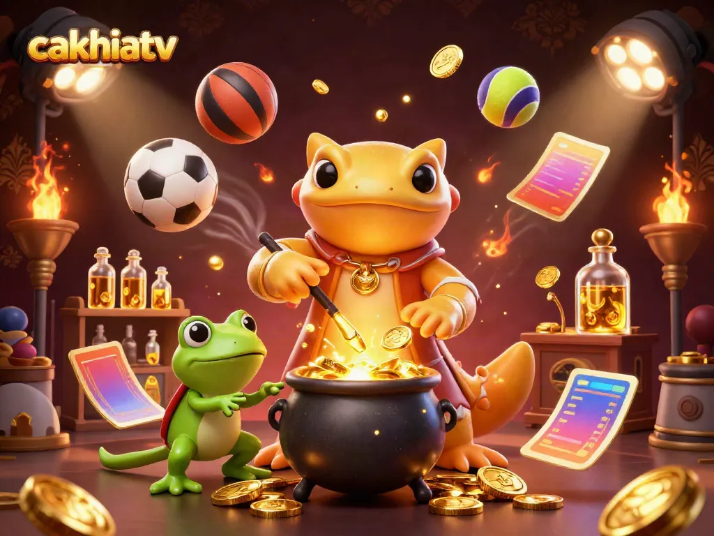 CakhiaTV presents a vibrant scene of a golden salamander alchemist with sports betting elements.