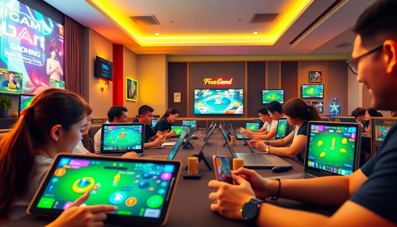 Engaging online gaming scene highlighting topgamebaidoithuong.mx with players enjoying card games and vibrant rewards.
