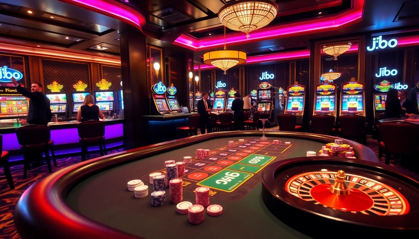 Players enjoying a thrilling poker game at JBO casino, showcasing vibrant chips and cards.
