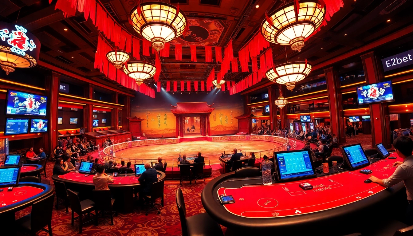 Vibrant scene capturing an exciting đá gà e2bet match in a luxurious casino atmosphere, showcasing thrilling betting action.