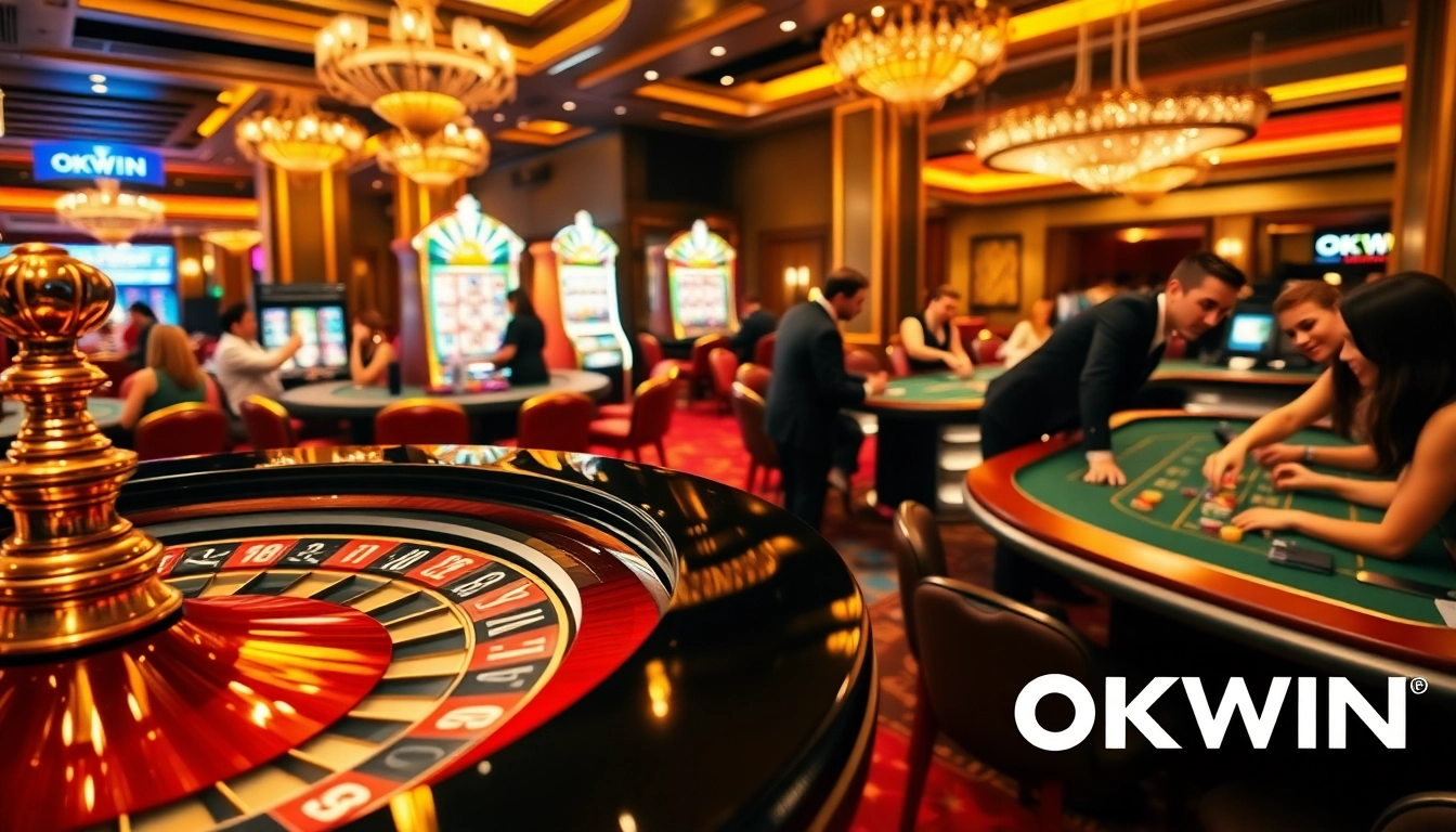 Experience the excitement of gambling at OKWIN with vibrant casino tables and engaging players.