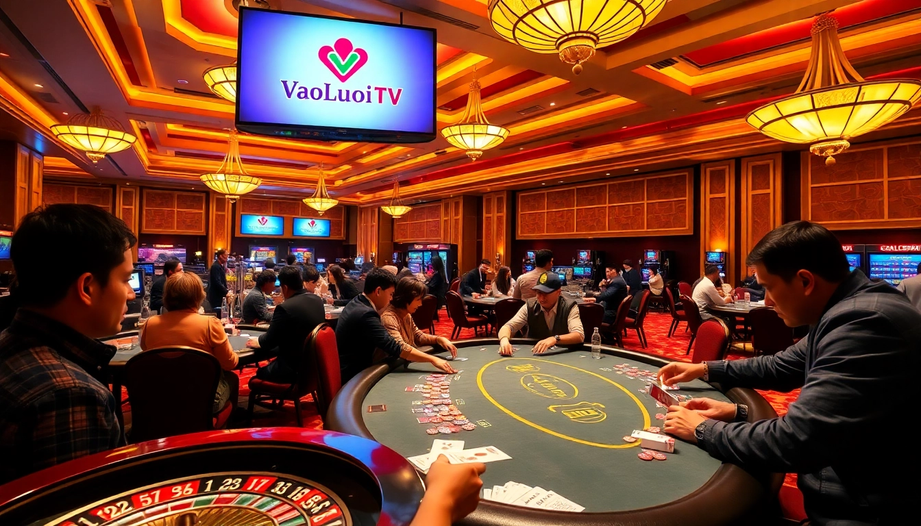 VaoluoiTV showing an exciting casino scene with players at the blackjack table.